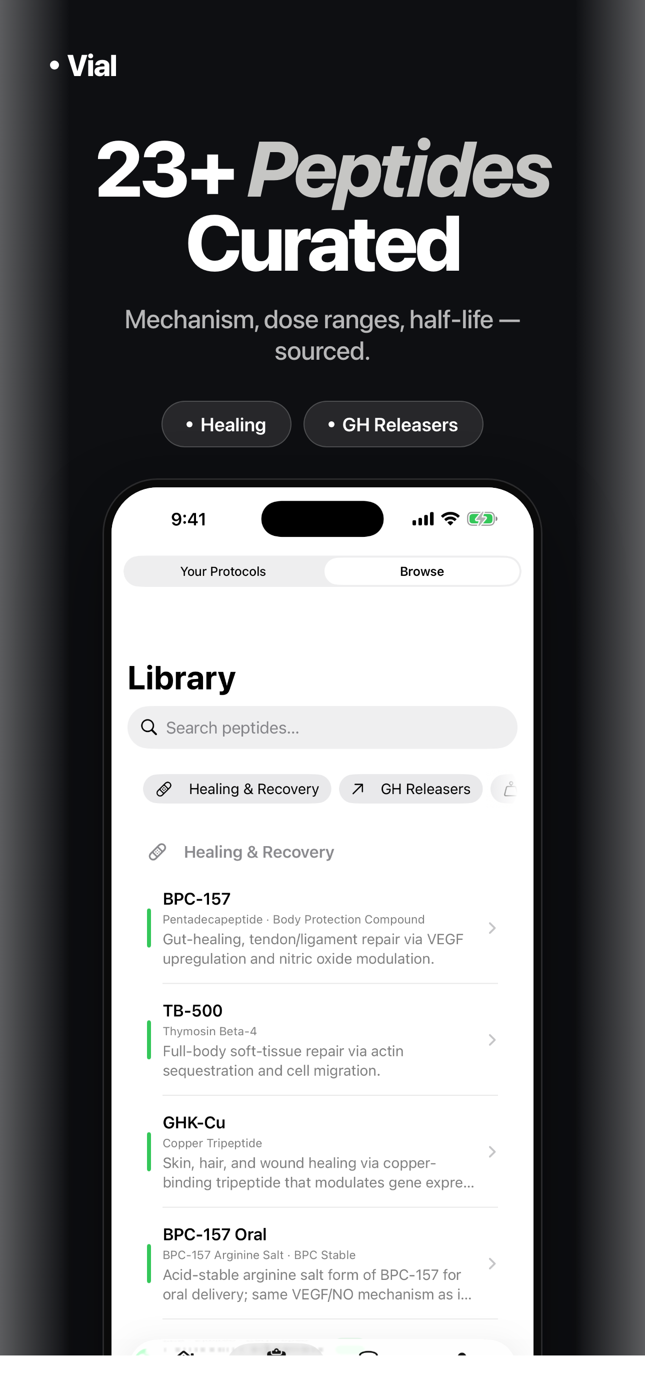 Smart Insights tab showing adherence, streak, peptide breakdown, and monthly activity heatmap