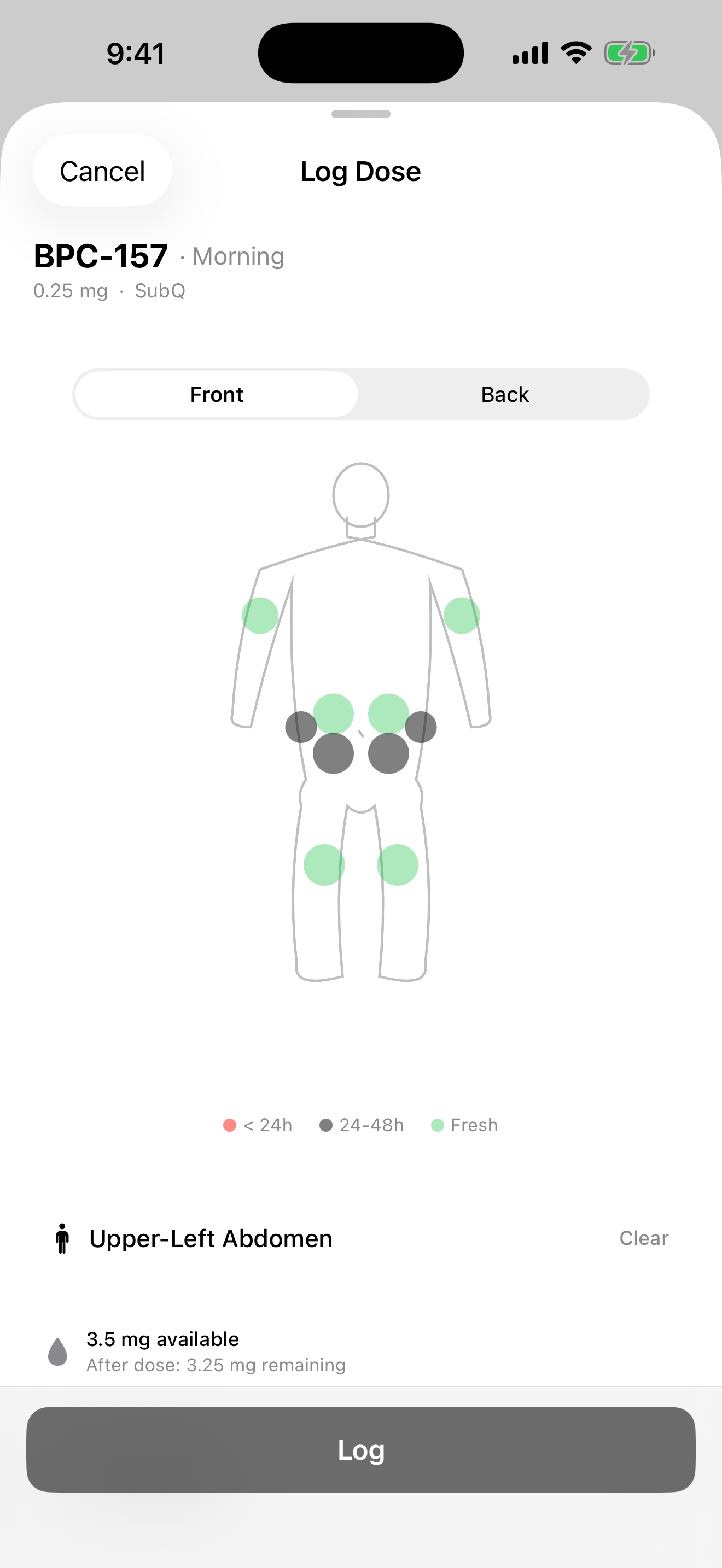 Dose logging sheet with body diagram showing recent injection sites color-coded by age