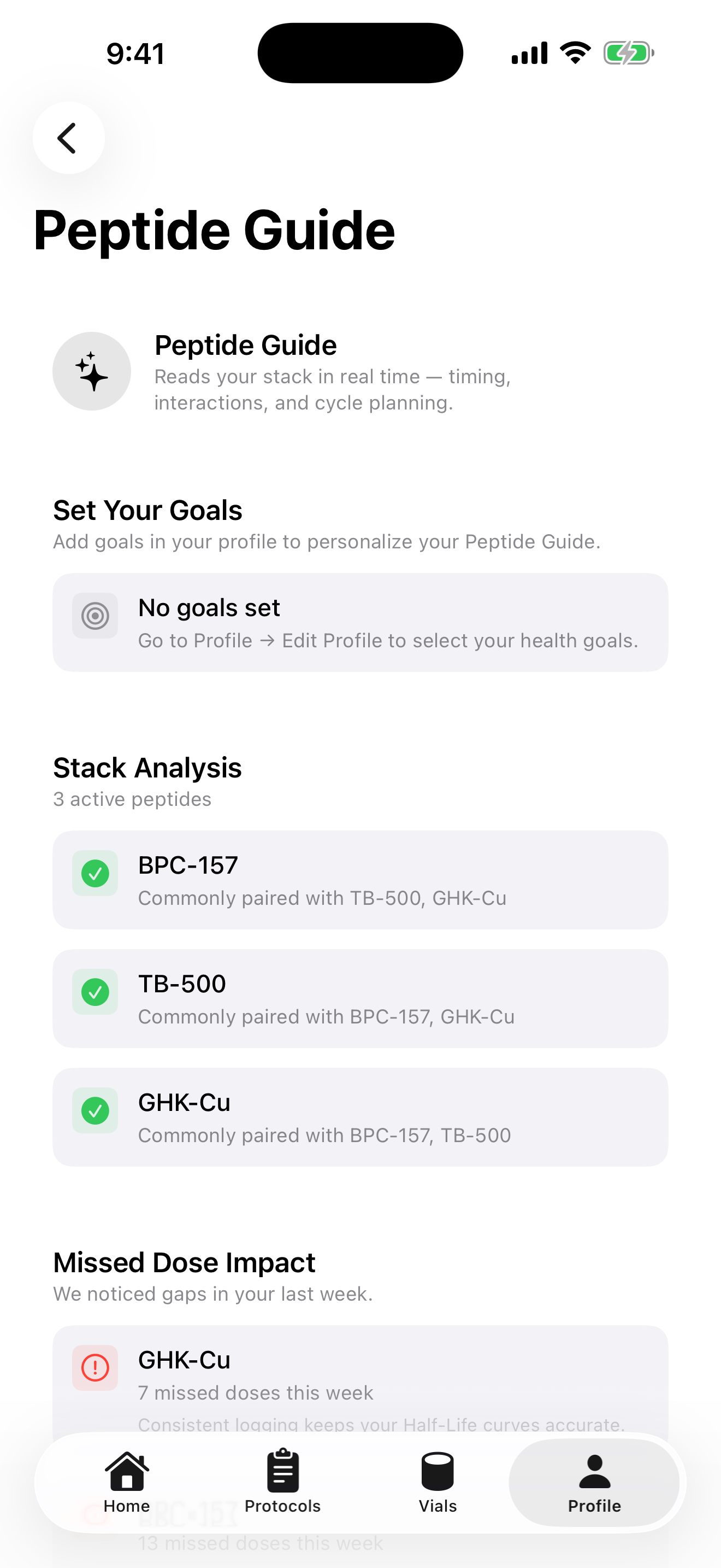 Peptide Guide showing stack analysis for an active protocol