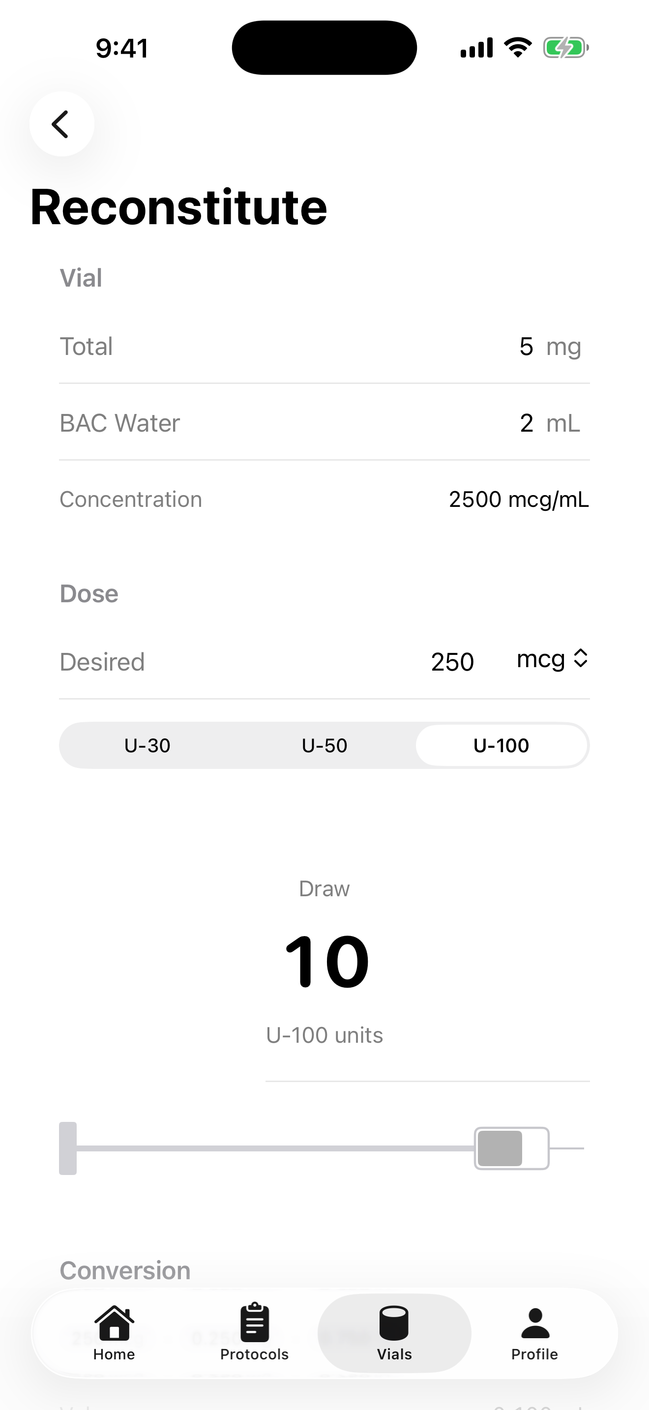 Reconstitution calculator showing vial size, BAC water volume, concentration, and syringe unit conversion