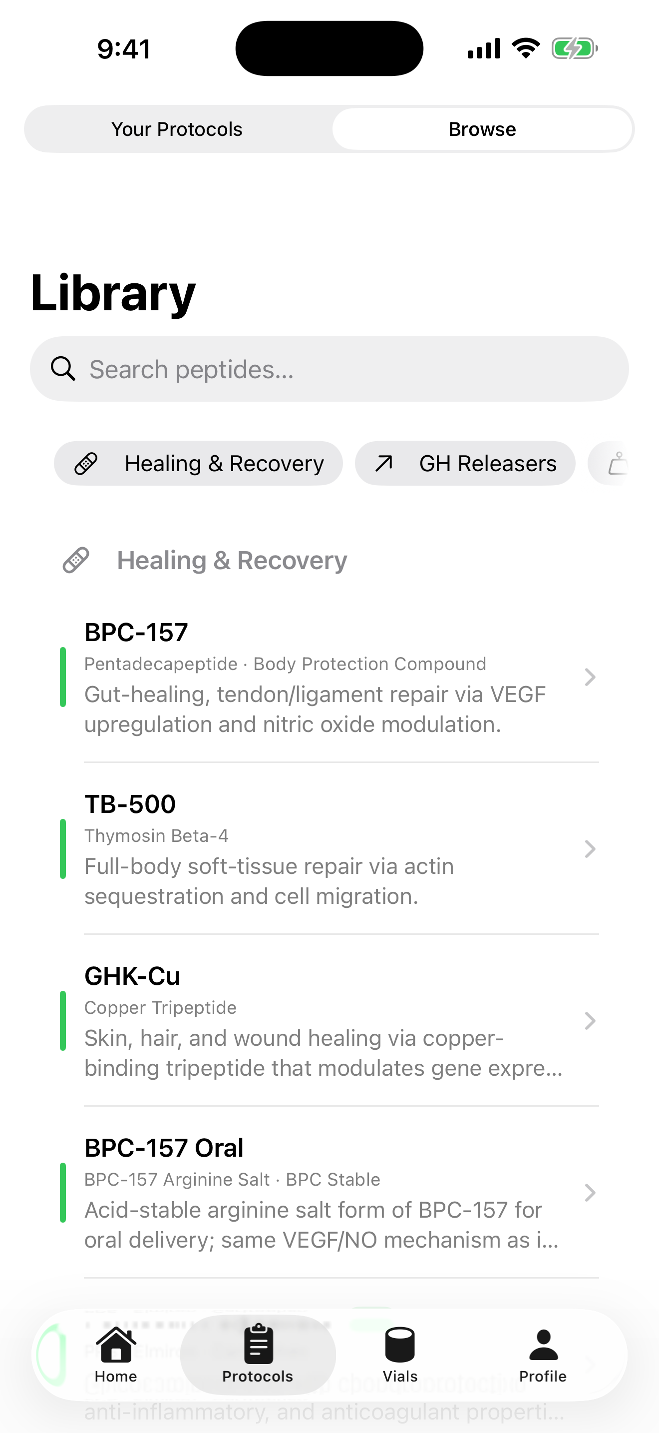 Protocol templates including Wolverine Stack, GH Blast, and Sleep Stack